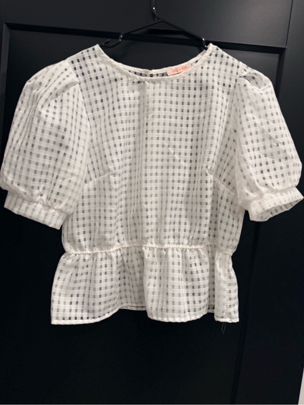 White Gingham Peplum Puff Sleeve Sheer Blouse